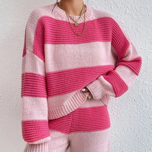 Coord set Two Tone Drop Shoulder Sweater & Knit Shorts pink - Picture 4 of 5